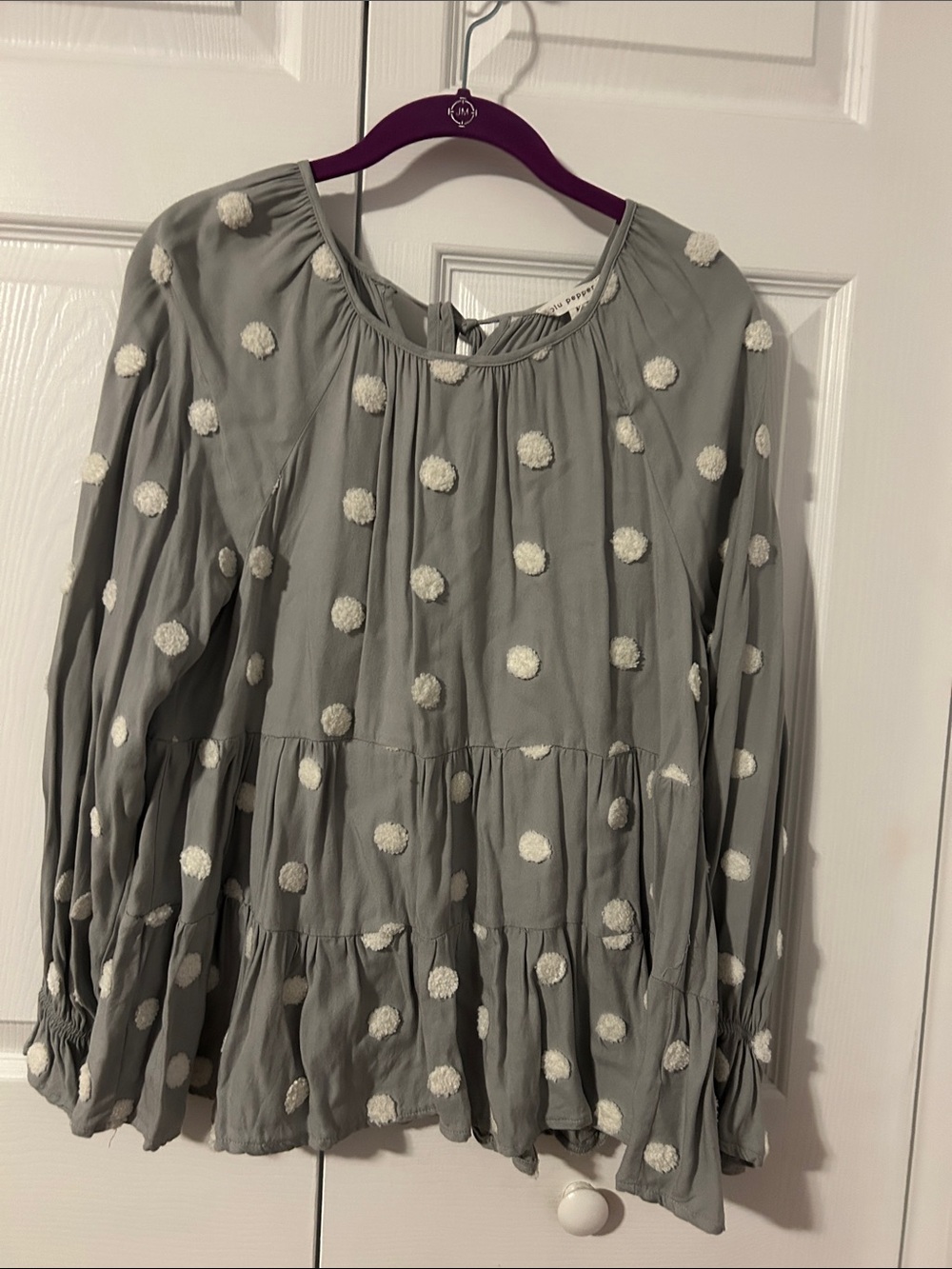 Blu Pepper Gray Pom-Pom Tiered Peasant Blouse